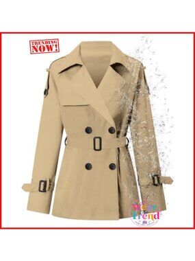 Water-Repellent Double Breasted Belted Short Trench Coat